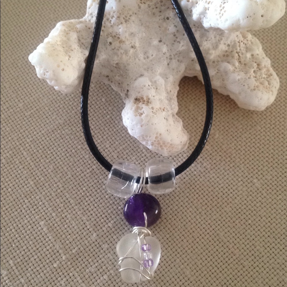 HAND CRAFTED Sea Glass Necklace Clear Pony Beads